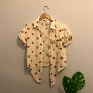 Japna Yellow Watermelon Button Up Cropped Shirt
